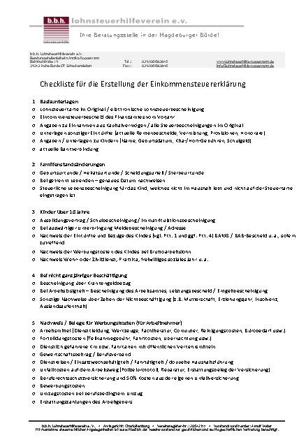 Checkliste für die Erstellung der Einkommensteuererklärung  b.b.h. Lohnsteuerhilfeverein e.V.